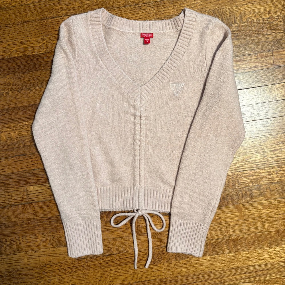 Guess Women's Size Medium Pink V Neck Lace Up Drawstring Hem‎ Cropped Sweater